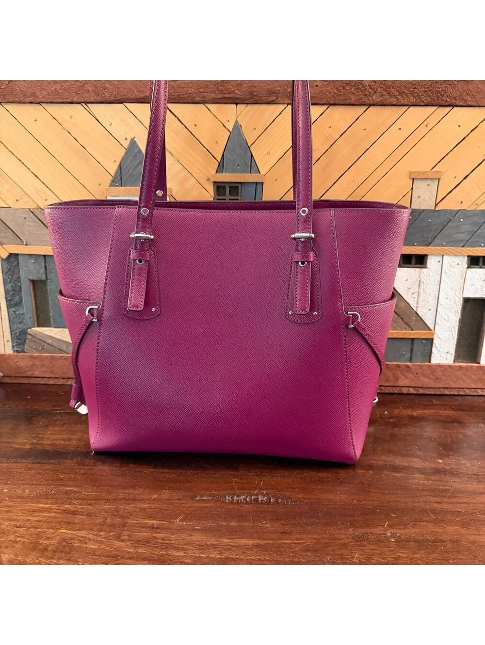Michael Kors Voyager Medium Leather Shoulder Tote Bag Deep Berry